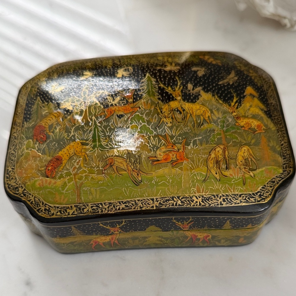 Lacquered Trinket Box Kashmir India Painted Forest Animals Hand Made